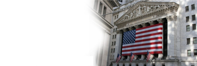 Image of American flag drapped over the New York Stock Exchange Building Pillars